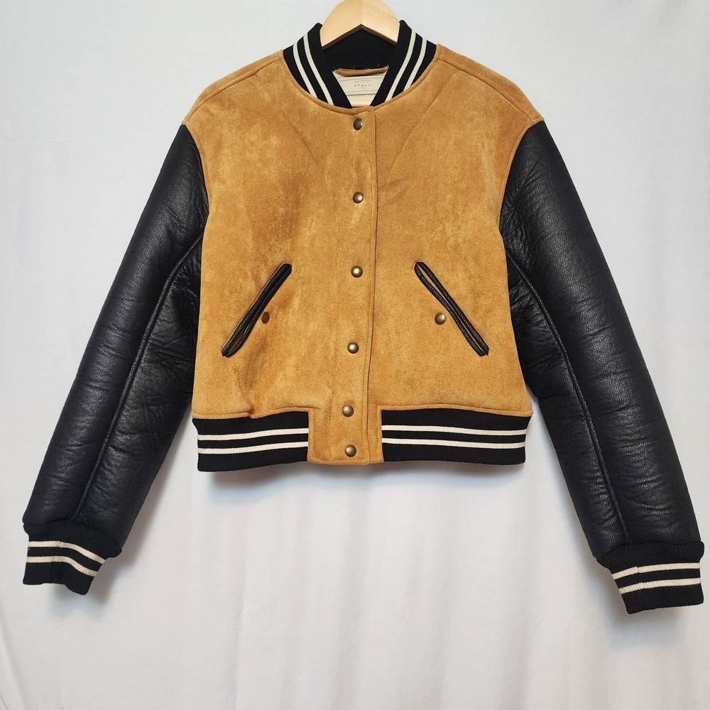Blank NYC Faux Suede Leather Varsity Bomber Jacket Tan Black Medium M